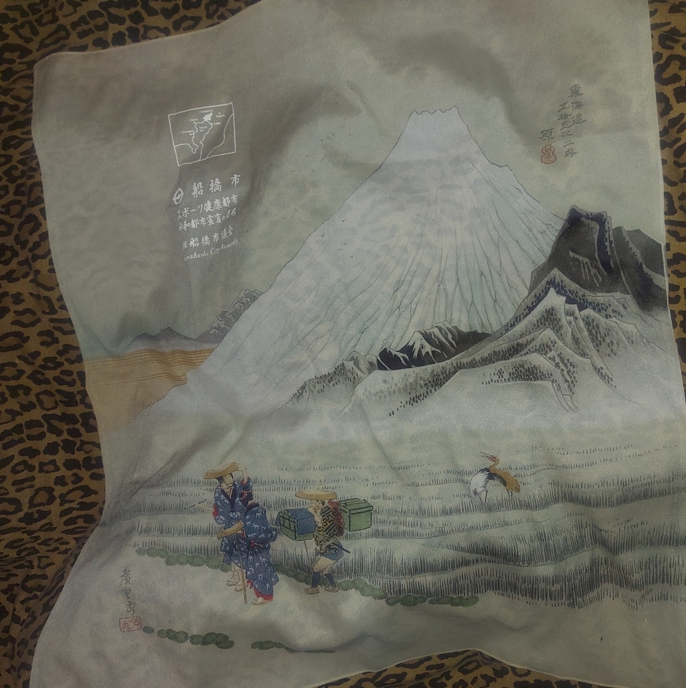 Antique Japanese Fukuro Obi Edo Tokaido Mt. Fuji Silk Scarf / Tapestry
